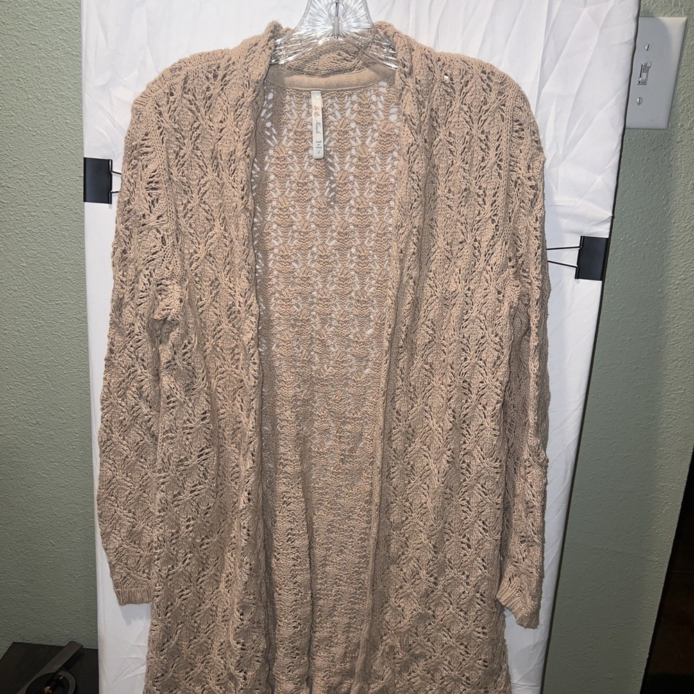 Leo & Nicole Ladies Pointelle Cardigan Crochet Size Large Beige Cottagecore
